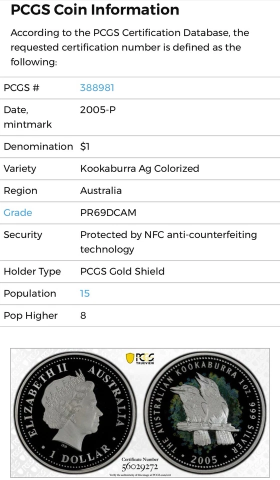 2005 $1 Australia 1 Oz Silver Colorized Proof Kookaburra Coin • PR69 DCAM POP 15 - Image 2 of 2