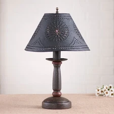 BEDSIDE TABLE LAMP & Punched Tin Shade - Espresso with Salem Brick Red Finish