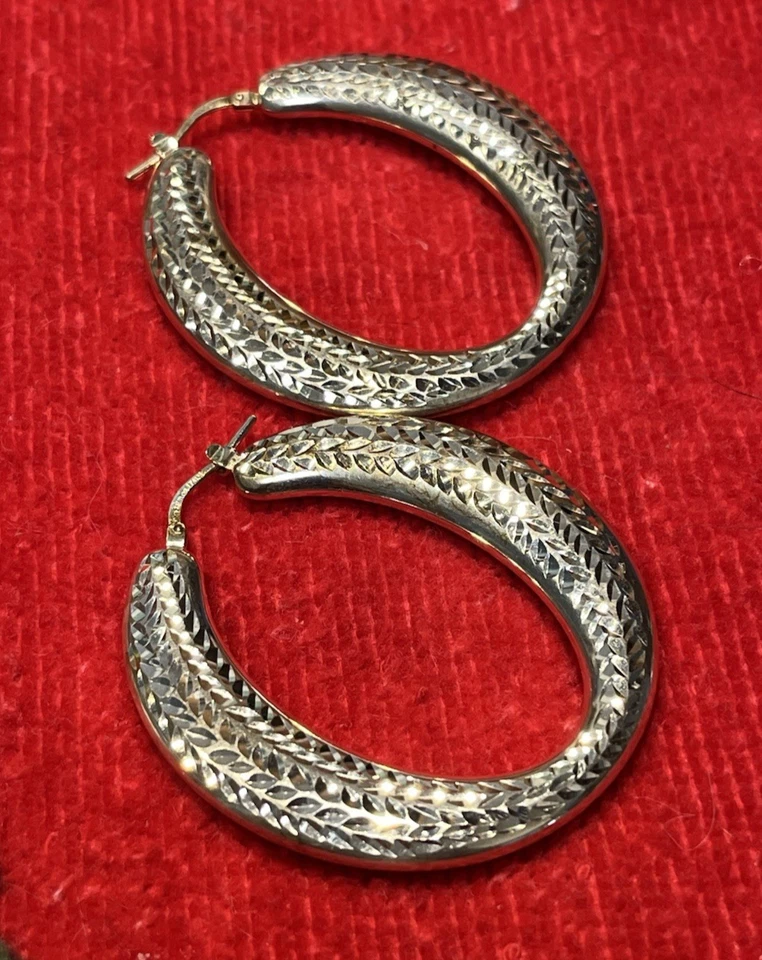 Винтажные серьги из чистого серебра 950 Милан Италия большие овальные бриллиантовая огранка 1 7/8 дюйма L - Изображение 2 из 4