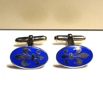 Scandinavian Sterling Silver Blue Enamel Fleur-de-Lis Cufflinks B&G Denmark