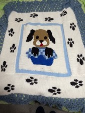Crochet Blue White Brown Baby Blanket Afghan Handmade Puppy Dog 50x60  