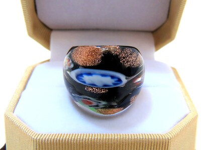 Boho Art Black & abstract Floral theme Hand Blown Glass Bling Ring size 7.5