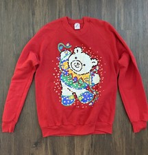 Vintage 1990s 90s Christmas red sweater bear lights snow XL Jerzees