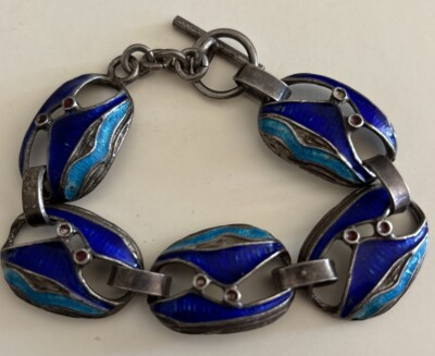#ad Vintage Italian Modernist Enamel Guilloche Blue Aqua AR 92 800 Silver Bracelet $135.00