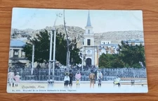 Antique Postcard Hand Colored Coquimbo Plaza Chile Children Church 1913 No. 3135
