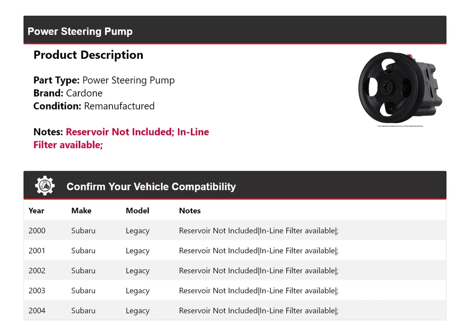 Bomba de dirección asistida Cardone 2001 2002 2003 para Subaru Legacy 2000-2004 Foto 2 de 4