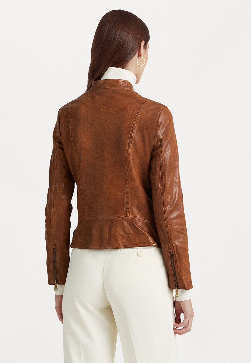 $495 Polo Ralph Lauren Lamb Leather Moto Jacket Dark Walnut