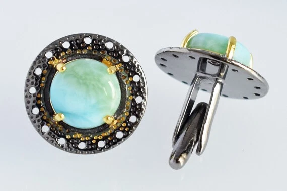 Gemelos dominicanos de piedras preciosas Larimar plata de ley 925 joyería de rodio negro Foto 3 de 4