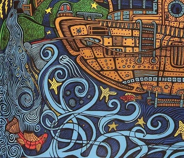 3D Steampunk Tugboat Psychedelic Submarine Tapestry Under The Sea Pirate Boat - Image 4 of 4