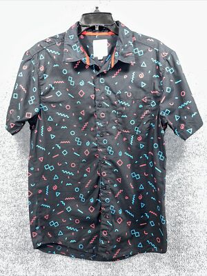 Black Jack Men's Geometric 1999 Black Button Up Shirt Size L Large Vintage