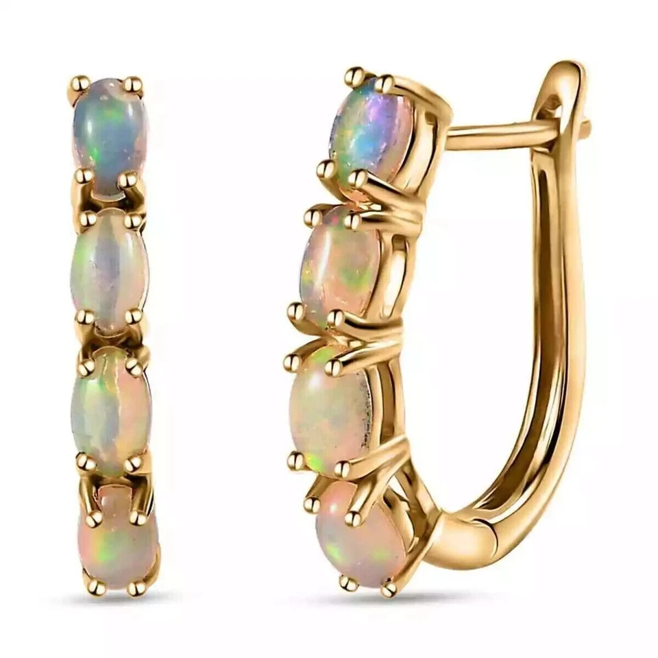 2 Ct Oval Cut Simulated Fire Opal Huggie Hoop Earrings In 14k Yellow Gold Plated - Image 2 of 4