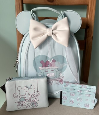 NWT Loungefly Disney Mickey Minnie Blue White Wedding Backpack Set of 