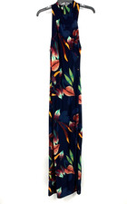 Rachel Roy Dress Womens Large Maxi Blue Floral Crisscross Halter Neck Sleeveless