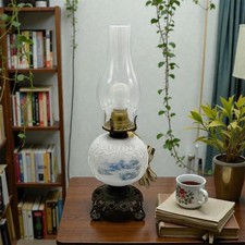 Vintage Embossed Milk Glass Oil/Electric Conversion Lamp Village Scene