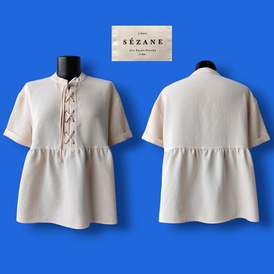 SEZANE Blouse Thesee Short Sleeve Lace Up Peplum Beige Nude Pleated Size 36/S