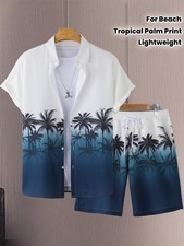 Men'S Casual Gradient Coconut Tree Short Sleeve Shirt  Shorts 2pcs Set - Tropic