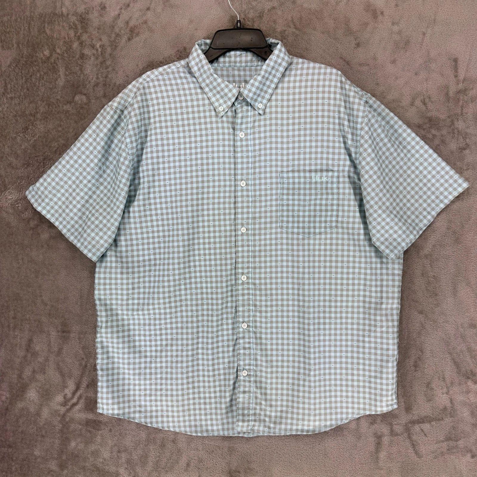 Huk Mens XXL Gingham Micro Fish Print Short Sleeve Fishing Shirt Blue H1500116