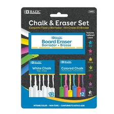 BAZIC Chalk & Eraser Bundle, 24 Chalks (12 Colored, 12 White), Non-Toxic, 1-Pack