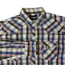 Wrangler Western Pearl Snap Shirt Mens Large Blue Plaid Long Sleeve Yoke Cowboy