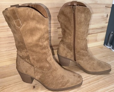 POP Framework Natural Tan Suede Cowgirl Boots Size 11M Block Heel Side Zip