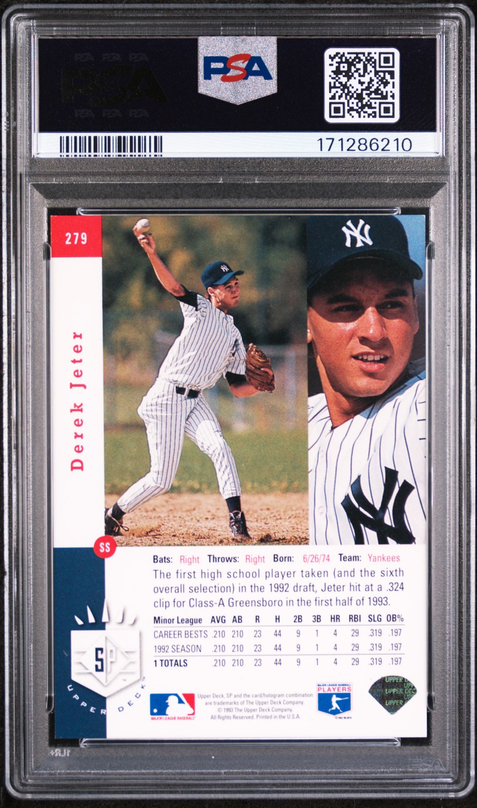 1993 SP FOIL #279 DEREK JETER ROOKIE RC PSA 6 view 2