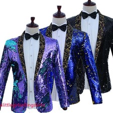 Men Reversible Two Tone Glitter Sequins Suit Jacket Blazer Dance Stage Coat Tops