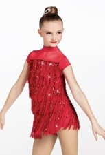 Weissman 13323 red dance costume with sequins  fringe, sz XXLC, hair piece
