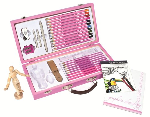 PINK ART SKETCHING & DRAWING SET STORAGE BOX PAD PENCILS MANNEQUIN GUIDE BOOK - Zdjęcie 1 z 3