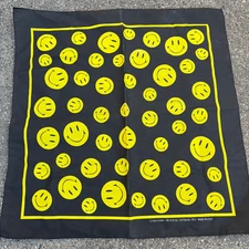 Black w Yellow Smiley Face Hav-A-Hank Bandanna - Made in USA 21" x 21"