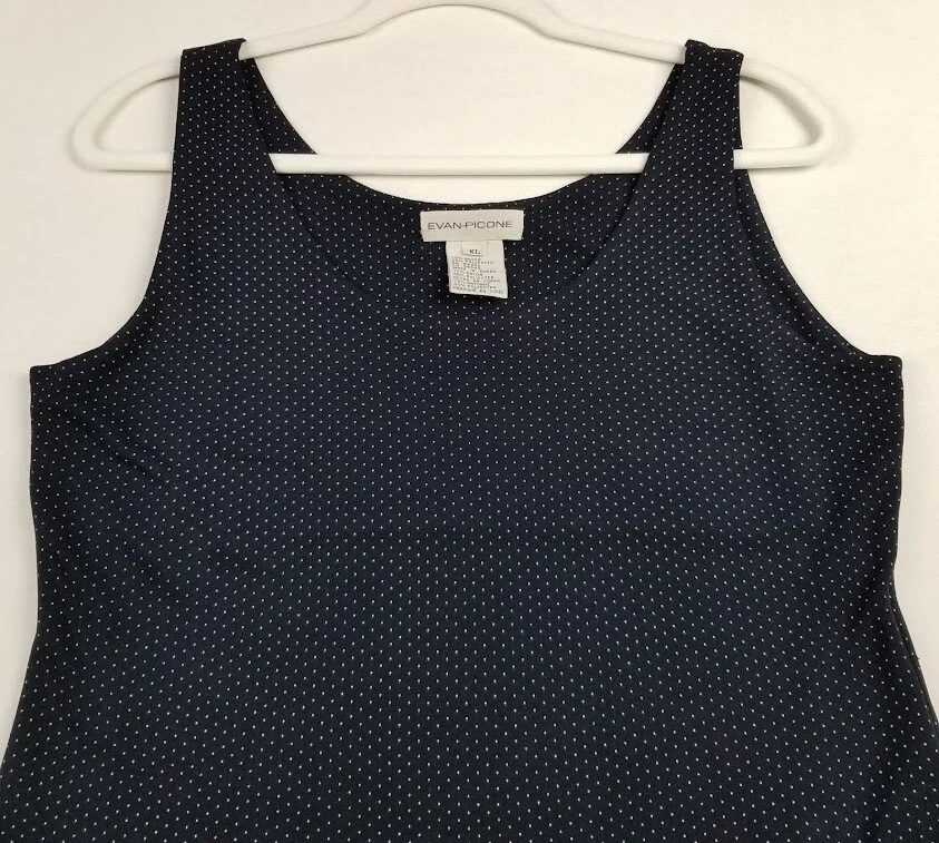 Camiseta sin mangas Evan Picone para mujer XL azul blanco a lunares cuello redondo sin mangas elástica Foto 2 de 4