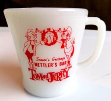 Vtg Fire King Tom and Jerry Xmas Advertising Mug Mettler's Strip Bar Mankato