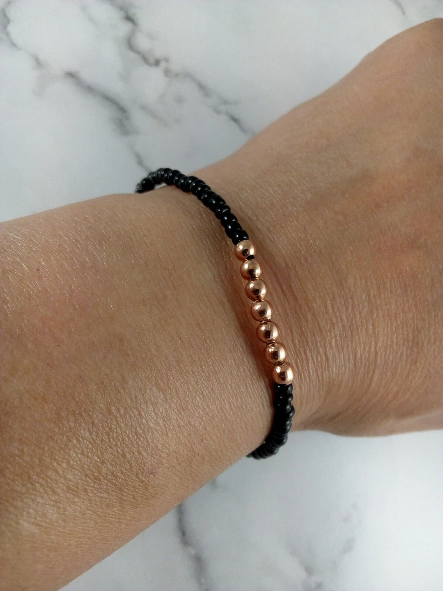 Rose Gold stretch bracelet Black 3 mm dainty seed beaded Womens 7