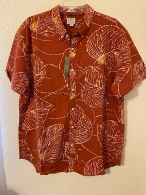 J Crew Mens Button Down Tropical Leaves Pocket Shirt Reddish Orange Size XL