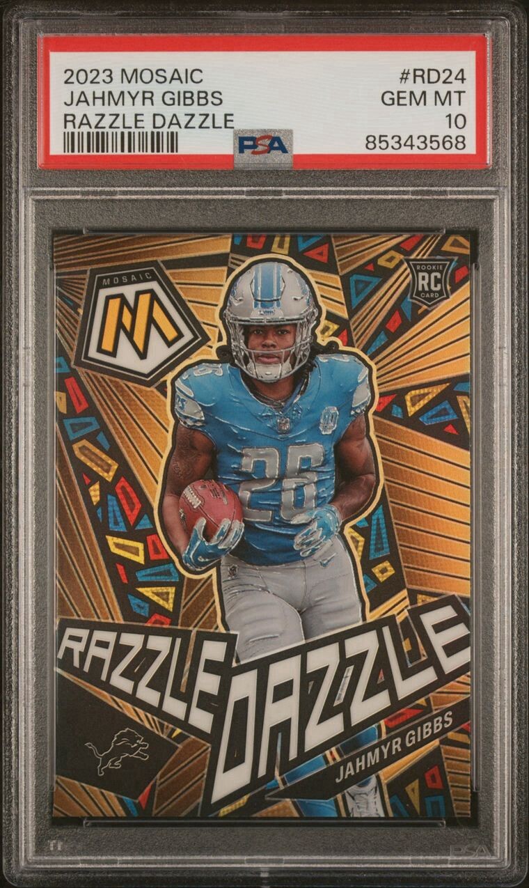 2023 Panini Mosaic Razzle Dazzle #RD24 Jahmyr Gibbs Lions RC Rookie PSA 10 🔥🔥