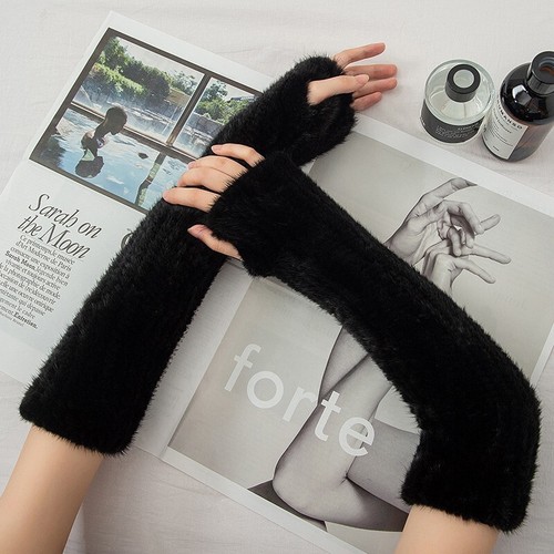 12"/16" Women's Real Mink Fur Fingerless Knitted Gloves Wrist Mittens Sleeves - Photo 10/12