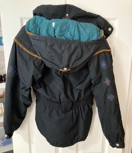 Obermeyer Black Embroidered Ski 1947 Thermolite Hooded Jacket Sz 4 Zip Front - Picture 7 of 12