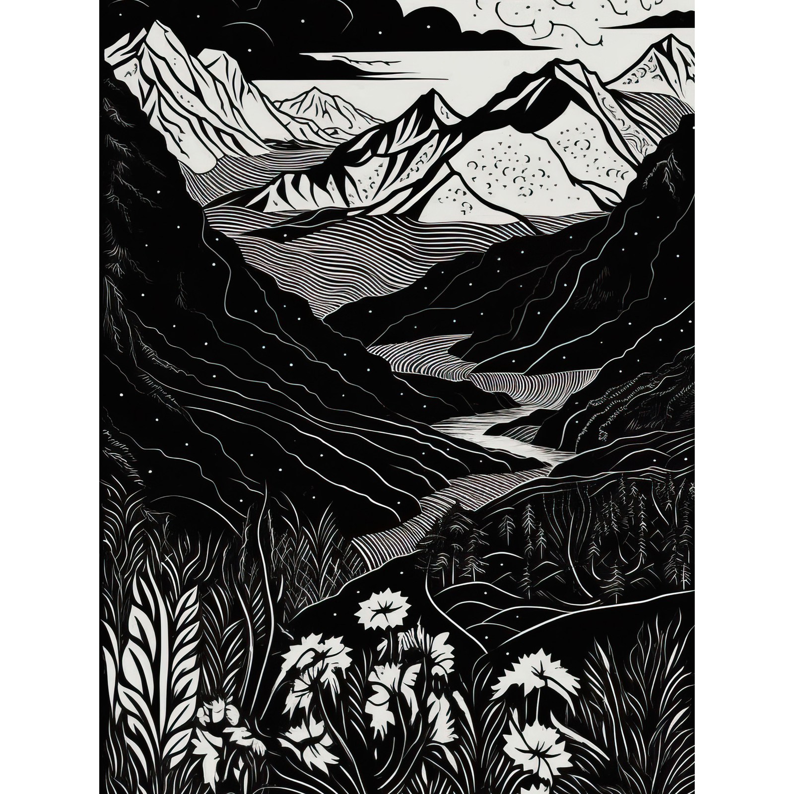 Wildflowers in Spring Mountain Landscape Linocut Huge Art Poster Print Giant