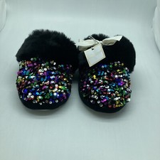 Shiraleah "Fiesta" Slippers Black Faux Fur w/ Multi Color Sequins SZ 6-8