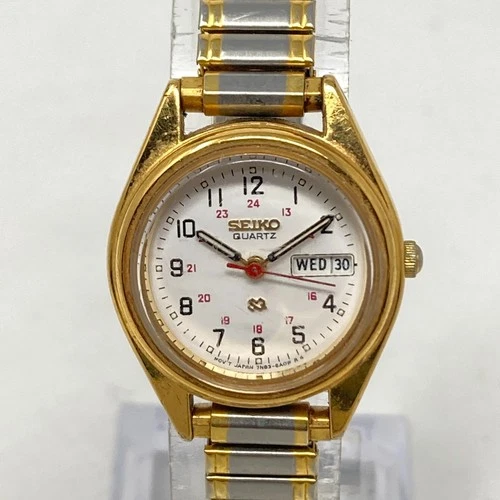 Vtg Seiko Watch Women 24mm Gold Tone 7N83-6A09 Day Date Stretch Band New Battery