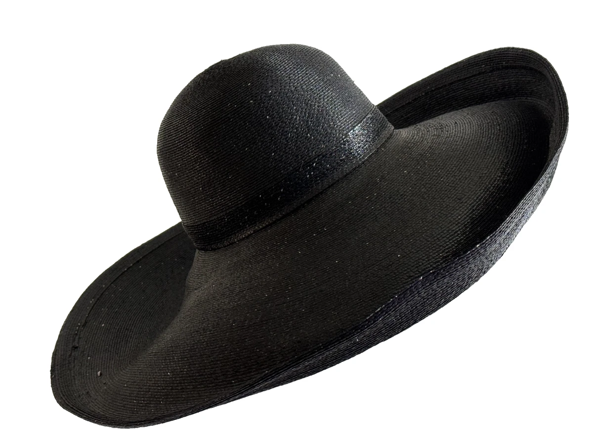 Frank Olive Neiman Marcus Vintage Black Felt Wide-Brim Hat  Gold Chain 21 1/2\