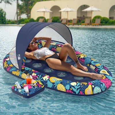 Sunikko X 3-in-1 Pool Floats with Canopy Cup Holder, 73'' x 48'', Navy-Fruit