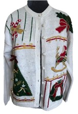 VTG Christmas Cardigan Cream Embroidered Tree Rocking Horse Holiday Sweater 16