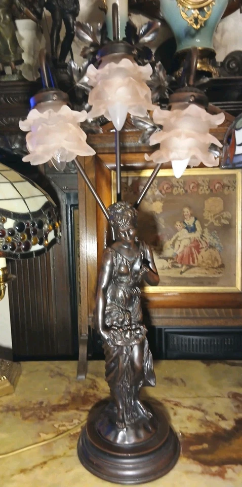 Large Widdup And Bingham Table Lamp  Female   3 Ruffle Shades Art Nouveau Style - Image 4 of 4