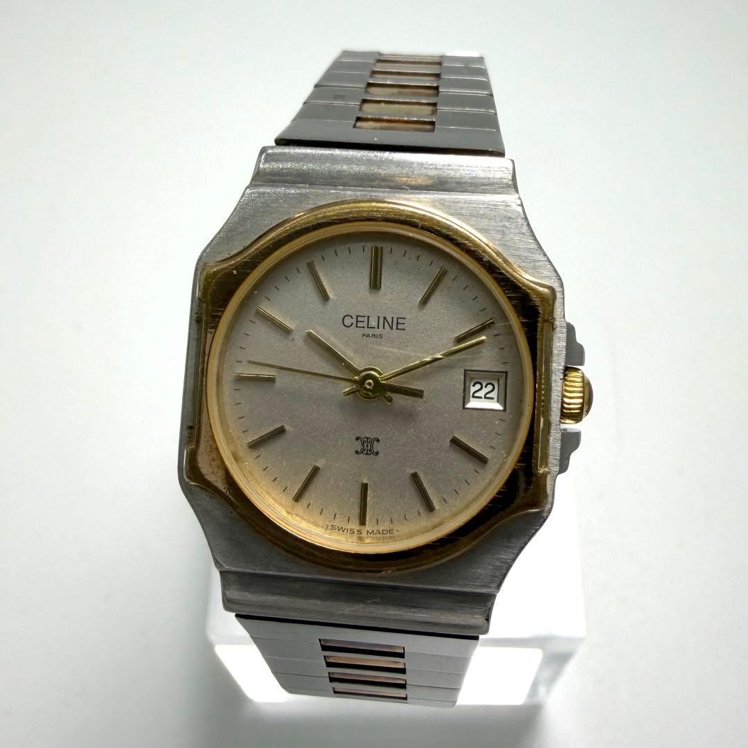 Working] CELINE Triomphe Macadam Two-tone Date Ladies Quartz QZ
