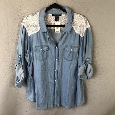 Ashley Stewart Shirt Womens 18 Blue Chambray Crochet Yoke Snap Front Tunic