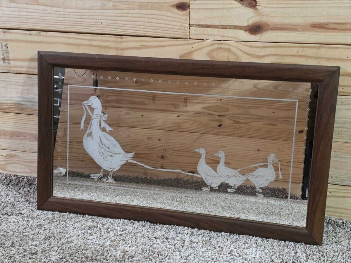 Large Vintage Wood Framed Mirror With Etching Of Duck/Goose Family