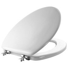 Elongated Toilet Seat White Enameled Wood Chrome Hinges Never Come Loose