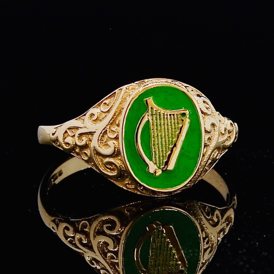 9CT Yellow Gold Irish Harp Green Enamel Ring Size L(UK) 5.75(US) eBay
