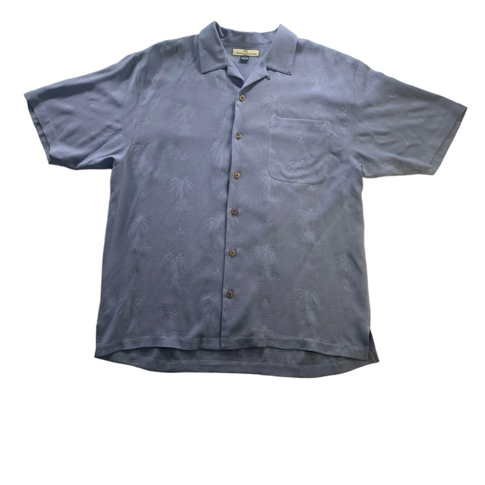 Tommy Bahama 100% Silk Button Up Short Sleeve Shirt Palm Tree Light Blue Size L