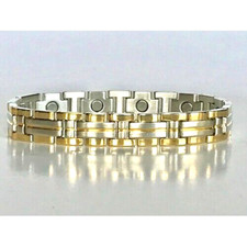 SILVER TONE 3 Gold Tone Rows Magnetic Bracelet. Men or WOMEN  Great Gift Size 9"